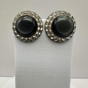 Vintage 90s Lisner Black Rhinestone Clip On Earrings Silver tone Women's Jewelry